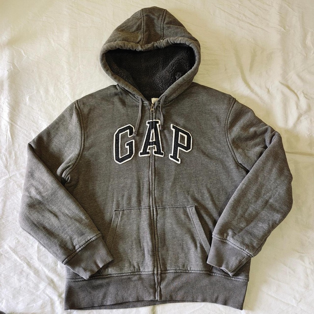 Gap Womens Grey Sherpa Lined Full Zip Logo Hoodie Sweatshirt Large